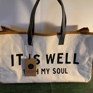 Tote- Santa Barbra- Ivory canvas, “Its well with my soul” Leather straps. New!